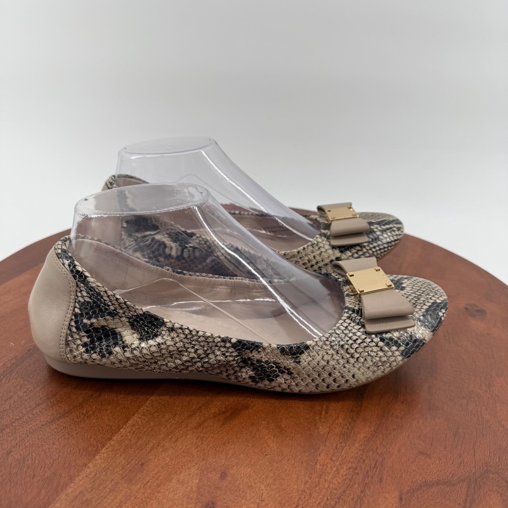 Cole Haan Tali Bow Ballet Flats Snakeskin Print Leather Shoes Beige 8.5AA Narrow